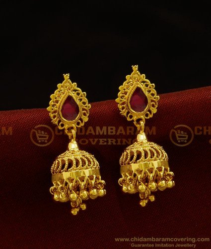 ERG900 - New Jhumkas Design Gold Plated Ruby Stone Kerala Jimiki Earring Buy Online Shopping