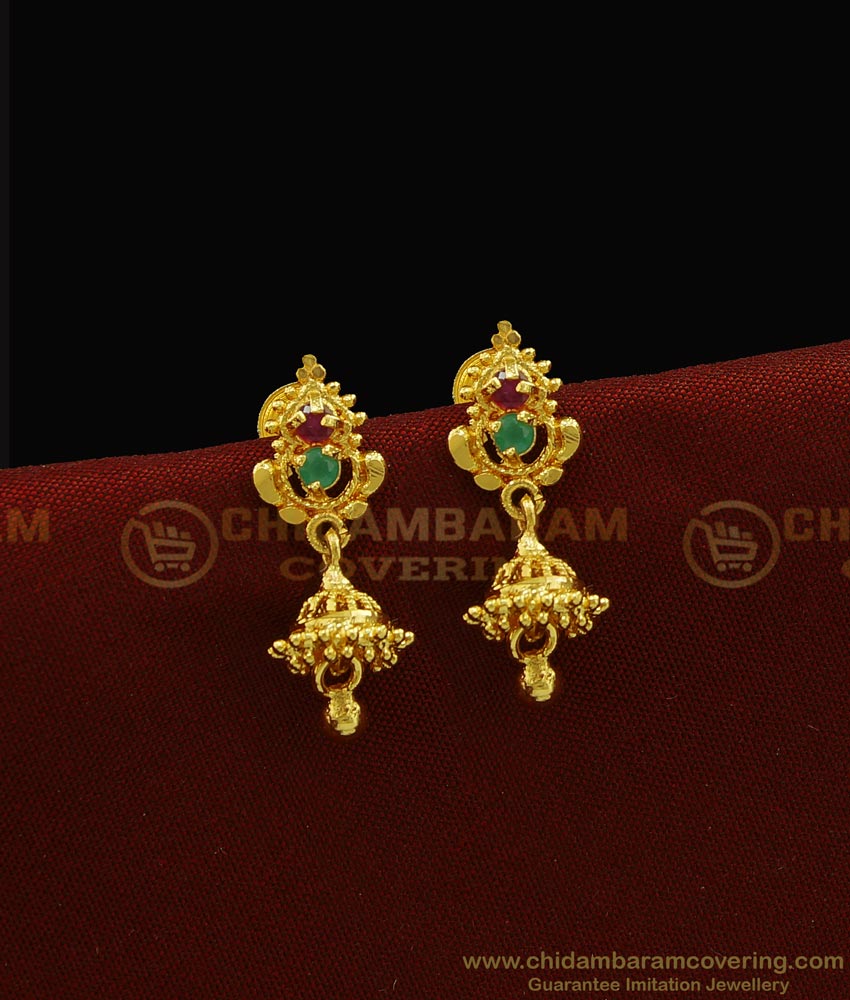 ERG923 - One Gram Gold Plated Green Emerald Stone Small Jimiki Earring for Girls