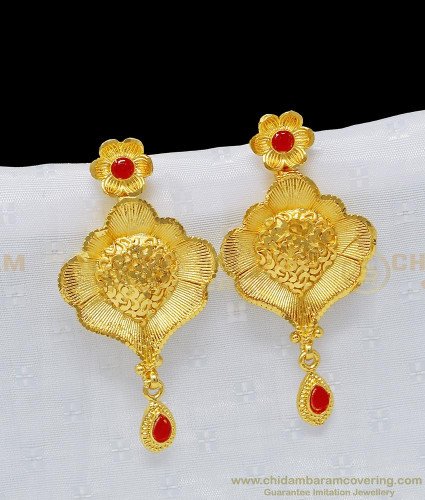 ERG952 - Gold Forming Flower Design Red Stone Earring Bridal Wear Earring Online