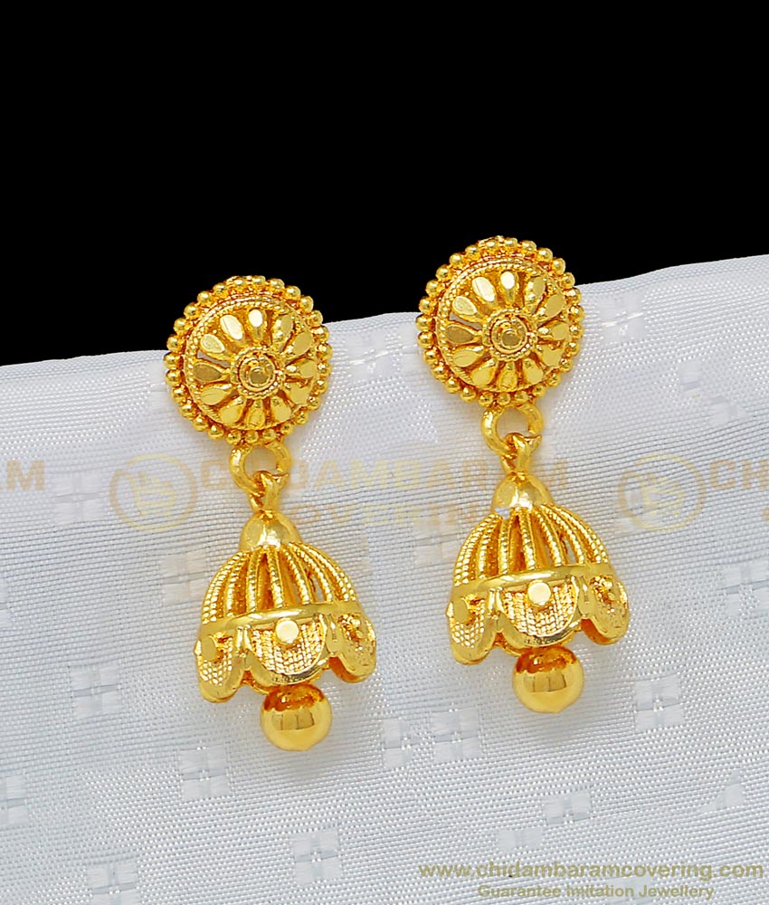 gold design jhumkas, jimikki kammal screw type earrings, 