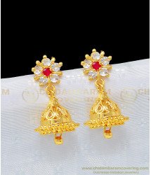 ERG977 - Traditional South Indian White and Ruby Ad Stone Jhumkas for Women