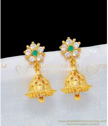 ERG978 - Traditional Jhumkas White and Emerald Stone Flower Design 1 Gram Gold Jimiki for Women
