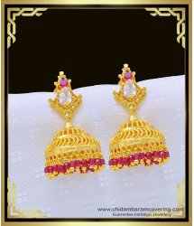 ERG992 - Traditional Indian Jewelry One Gram Gold Ad Stone Pink Crystal Jhumkas Design for Ladies 