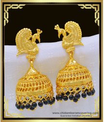 ERG996 - 1 Gm Gold Black Beads Peacock Jhumkas Earrings Design Indian Bridal Jewellery