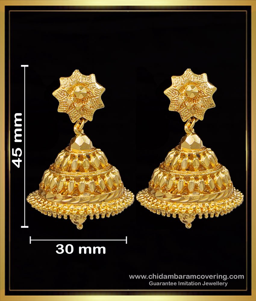 jhumka design gold earrings, traditional jhumkas online, 1 gram gold earrings online, gold plated jhumka earrings, jimikki kammal designs, bridal jhumkas online shoppin