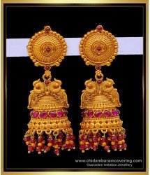 ERG1680 - Traditional Peacock Model Bridal Temple Gold Jhumka Designs Online