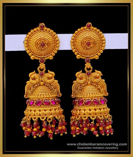 ERG1680 - Traditional Peacock Model Bridal Temple Gold Jhumka Designs Online
