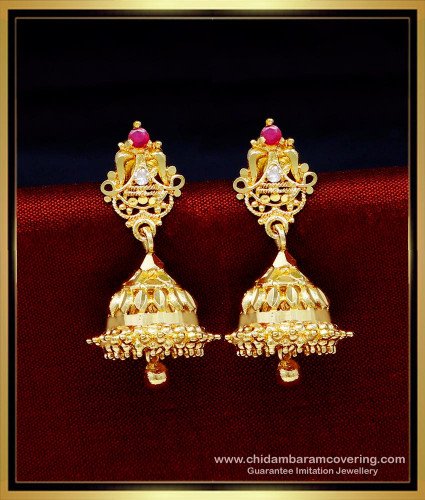 ERG1724 - Latest White and Ruby Stone Jhumka Earrings Gold Design 