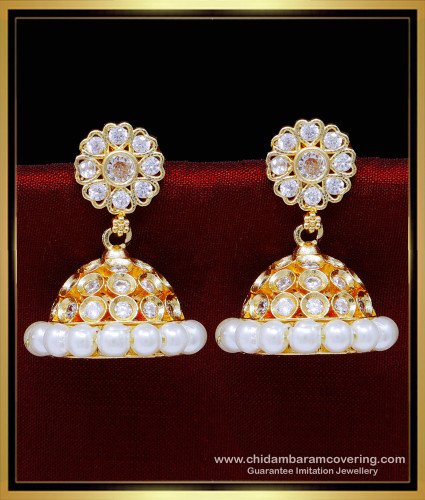 ERG1832 – Best Quality White Stone Pearl Jhumka Earrings Design 