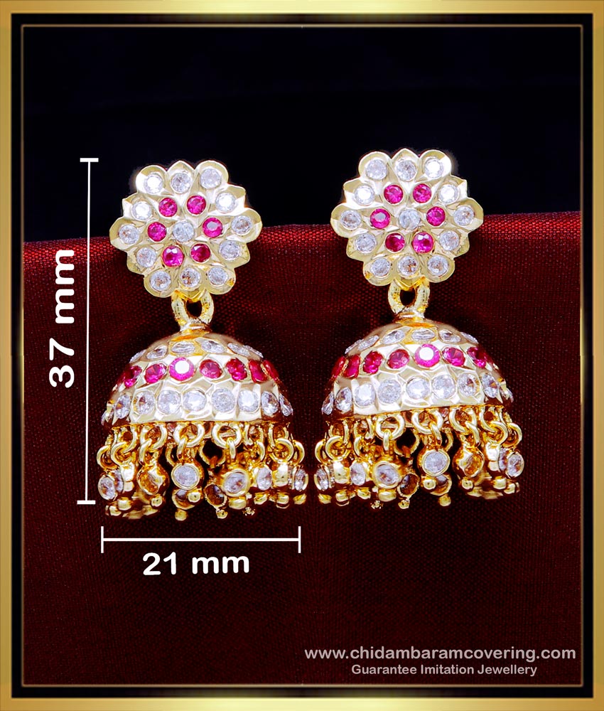 impon jhumkas, Impon jhumkas gold plated, traditional jhumkas online, buttalu designs, stone jhumka earrings, white stone jhumka earrings