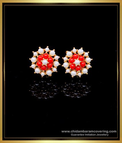 ERG1970 - Pearl and Coral Stud Earrings Circle Design for Women