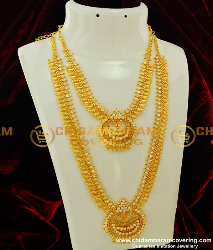 HRM208 - Latest Collection Bridal Wear Full White Stone Long Haram Necklace Set Wedding Jewellery Online