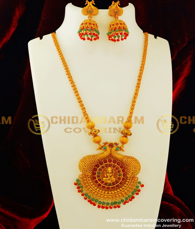 HRM240 - Latest Gold Matte Finish Kemp Stone Peacock Lakshmi Pendant Temple Haram Design Buy Online