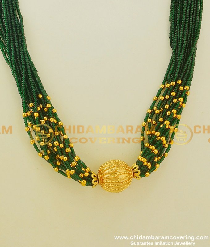 HRM241 - Trendy Gold Tone Green Beaded Multi Stranded Necklace Designer Emerald Beads Mala Haram Online