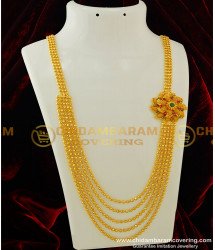 HRM253 - Beautiful Five Line Gold Beads Gundla Mala with Flower Design Stone Pendant Haram Design Online