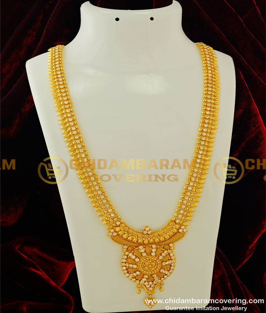 HRM256 - Latest Gold White Stone Long Haram Design Gold Plated Haram for Wedding