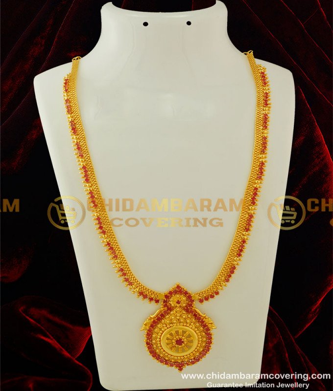 HRM257 - Wedding Gold Haram Design Gold Covering Ruby Stone Long Haram Buy Online