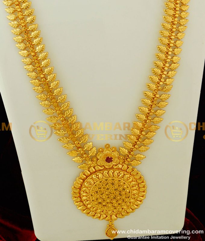 HRM273 - Bridal Wear High Quality Beautiful Look Single Stone Leaf Haram Design Gold Plated Jewellery Online