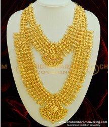HRM306 - Kerala Traditional Wedding Jewellery Gold Plated Broad Long Mango Haram Necklace Combo Set 