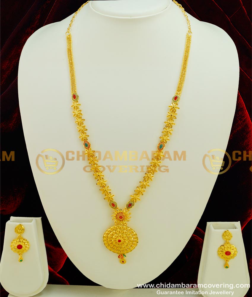 HRM320 - Beautiful Real Gold Look Flower Design Forming Gold Stone Haram with Earrings buy Online