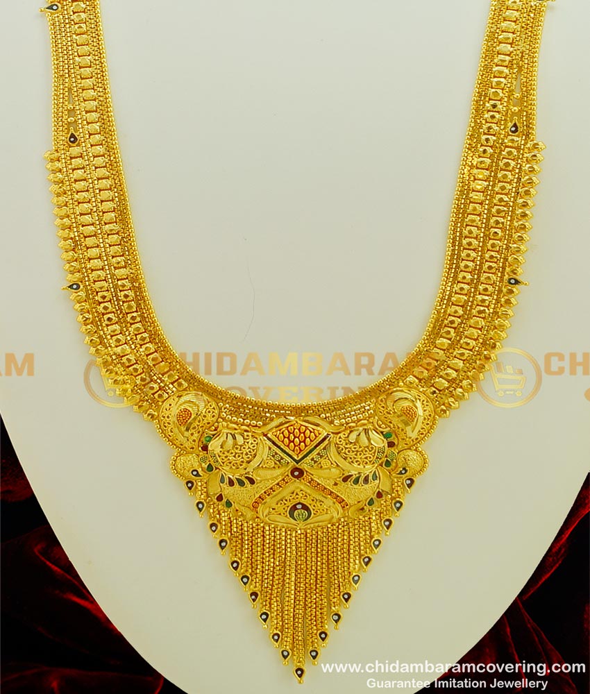 Hrm322 - Real Gold Design Latest Wedding Calcutta Enamel Gold Forming Heavy Haram with Earring Set for Bride