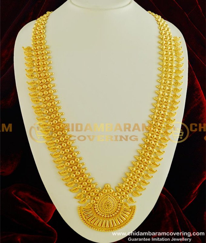HRM327 - Kerala Jewelry Light Weight Designer Broad Mango Bridal Long Haram Design Gold Plated Jewellery