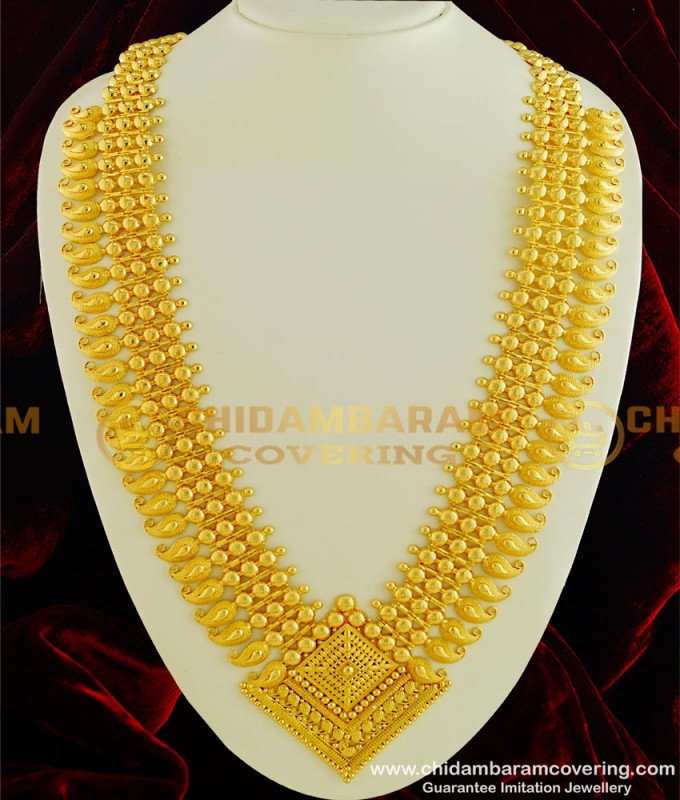 HRM330 - New Model Grand Look Stunning Gold Kerala Mango Broad Long Haram Wedding Kerala Jewellery Collection Online