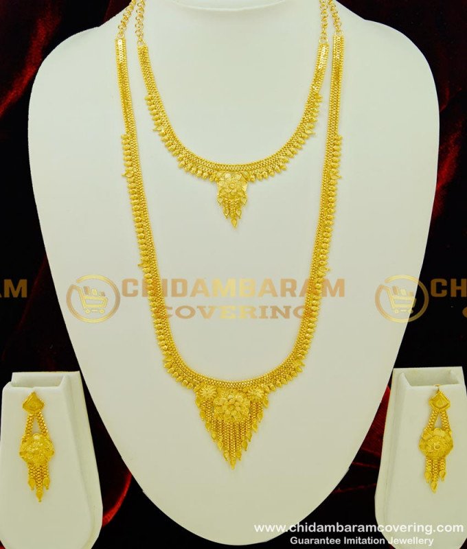 HRM340 - Gold Forming Haram Gold Look Flower Design Long Haram with Necklace Earrings Combo Set