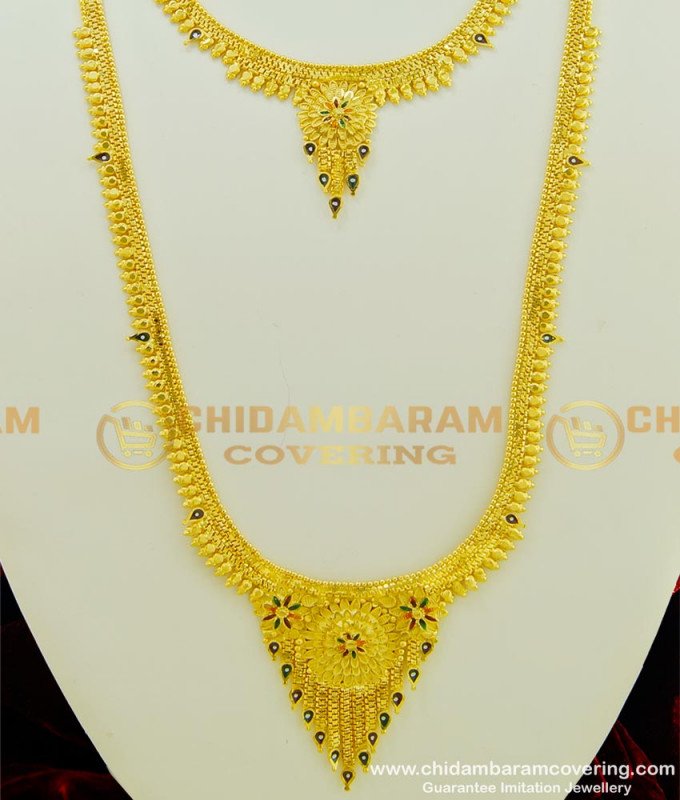 HRM344 - Gold Forming Haram Gold Look Enamel Finish Flower Design Long Haram with Necklace Earrings Combo Set