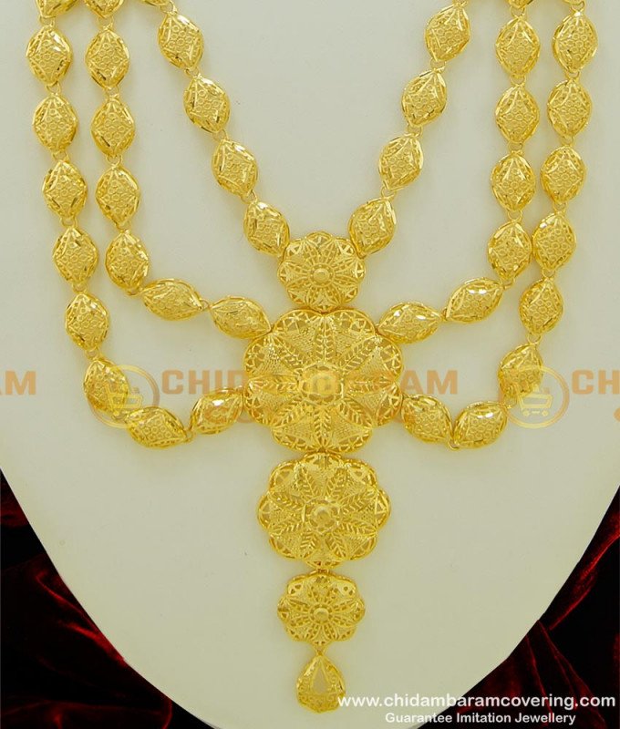 HRM345 - Latest Dubai Jewellery First Quality Gold Design Layered Haram with Earring Set Online
