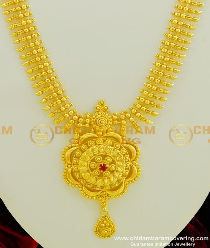 HRM351 - Trendy Real Gold Design Ruby Stone Gold Plated Long Haram for Wedding 