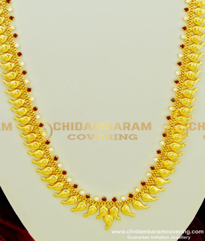 HRM356 - Traditional Ruby Stone and White Stone Mango Long Haram Design Gold Paled Jewellery