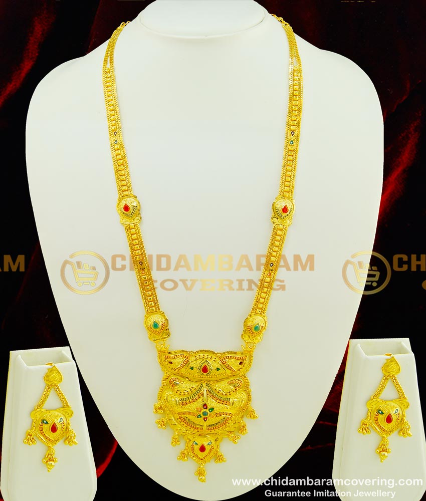 Hrm362 - Latest Gold Design Wedding Calcutta Enamel Gold Forming Heavy Haram With Earring Set for Bride