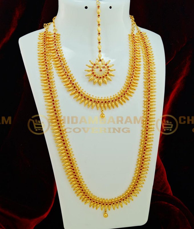 HRM371 - Latest Party Wear Full Ruby Stone Mullamottu Mala Design Semi Bridal Haram Necklace with Maang Tikka Combo Set 