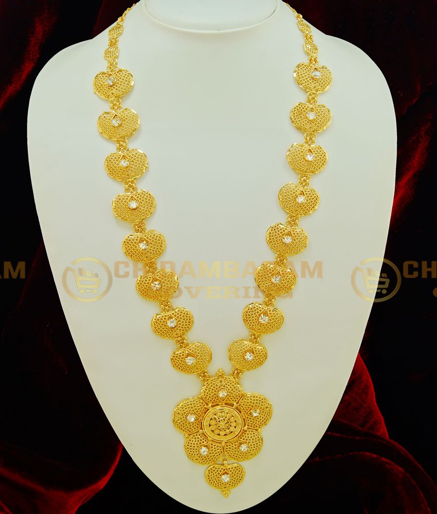 HRM394 - Latest Kerala Jewellery Ad White Stone Net Pattern Gold Haram Design Bridal Wear Haram Online