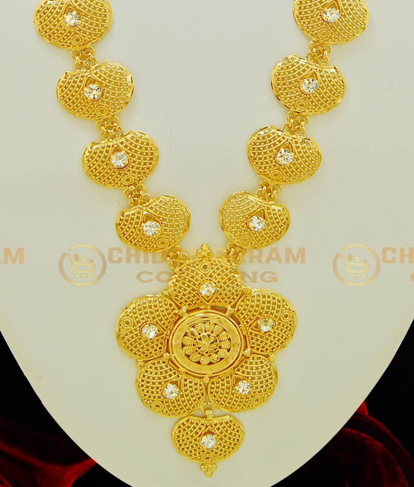 HRM394 - Latest Kerala Jewellery Ad White Stone Net Pattern Gold Haram Design Bridal Wear Haram Online