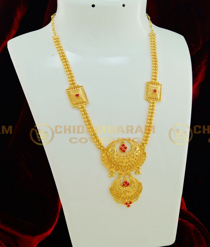 HRM398 - Latest Kerala Jewellery Ruby Stone Stone With Double Line Gold Beads Mini Haram Designs for Wedding