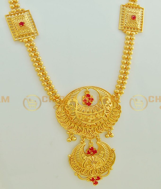 HRM398 - Latest Kerala Jewellery Ruby Stone Stone With Double Line Gold Beads Mini Haram Designs for Wedding