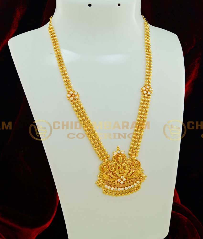 HRM399 - Traditional Gold Design Lakshmi Pendant Haram Three Line Gold Balls Chain Mini Haram Kerala Wedding Jewellery 