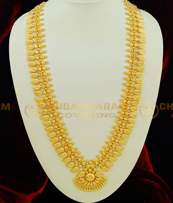 HRM402 - 30 Inches Kerala Light Weight Gold Design 2 Line Gold Beads 32 Mango Long Haram Gold Inspired Imitation Haram Online
