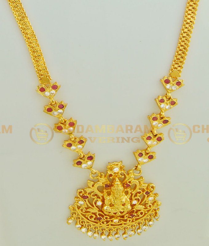 HRM412 - latest Impon Gold Plated White Stone Ruby Stone Lakshmi Design Haram Wedding Jewellery