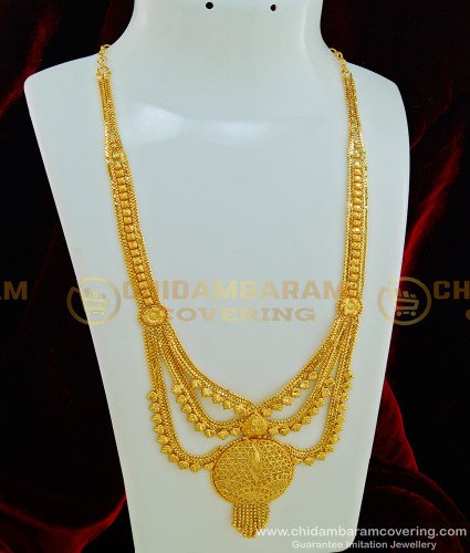 HRM419- Buy Stunning Gold 3 Line Long Plain 1 Gram Gold Haram Design Online Shopping