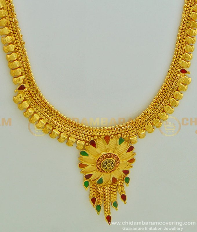HRM423 - Simple Light Weight Flower Design Gold Forming Enamel Haram and Earring Set Online