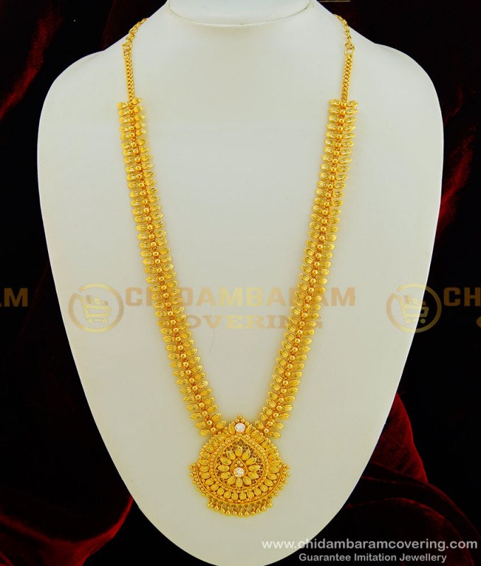 HRM426 - Beautiful Look Single Stone Leaf Design Gold Plated Long Haram Online