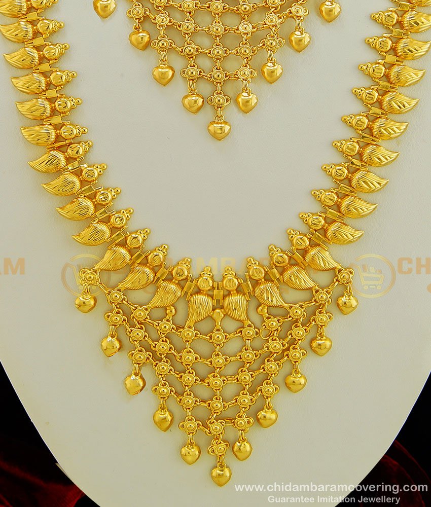 HRM428 - Traditional Wedding Kerala Jewellery Light Weight Mango Kerala Gold Haram Necklace Combo Set