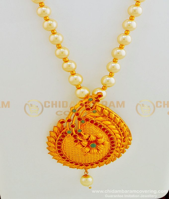 HRM435 - Trendy Beautiful Kemp Stone Pendant Pearl Mala with Earring Premium Quality Temple Jewellery Set Online 