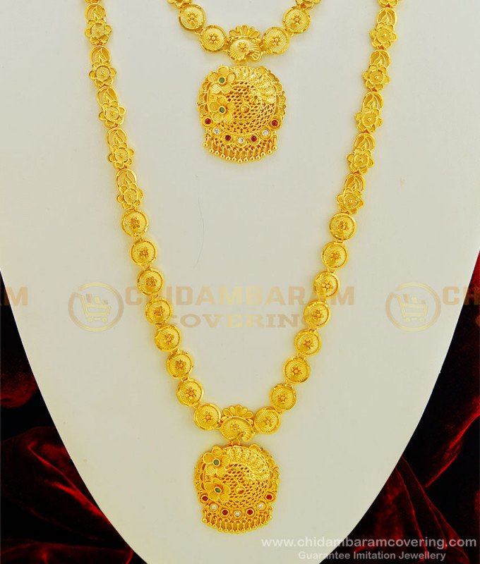 HRM445 - First Quality Gold Look Gold Forming Stone Solid Haram with Necklace And Earring Combo Set Online