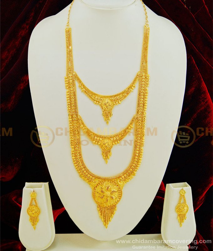 HRM447 - Real Gold Look Wedding Haram 1 Gram Gold Forming 3 Step Haram Necklace with Earring Set Online