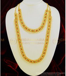HRM455 - Unique Gold Plated Party Wear Ruby Emerald Stone Original Pearl Haram With Necklace Set Online 