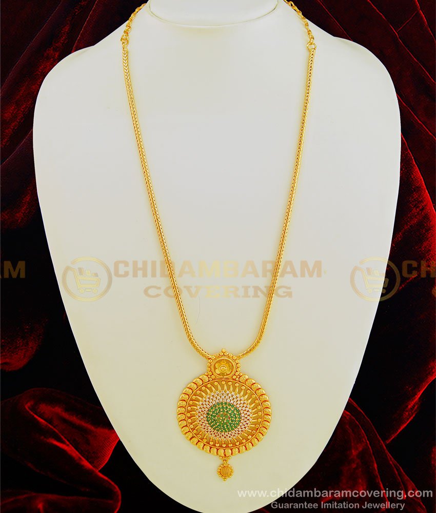 HRM457 - New Arrival 1 Gram Gold Plated Emerald Green Stone Big Round Pendant Haram Design Online